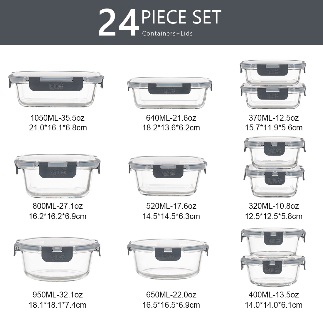 Glass Food Storage Containers with Airtight Lids - Assorted Sizes – 12 PACK