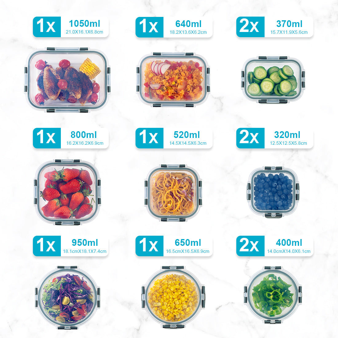 Glass Food Storage Containers with Airtight Lids - Assorted Sizes – 12 PACK