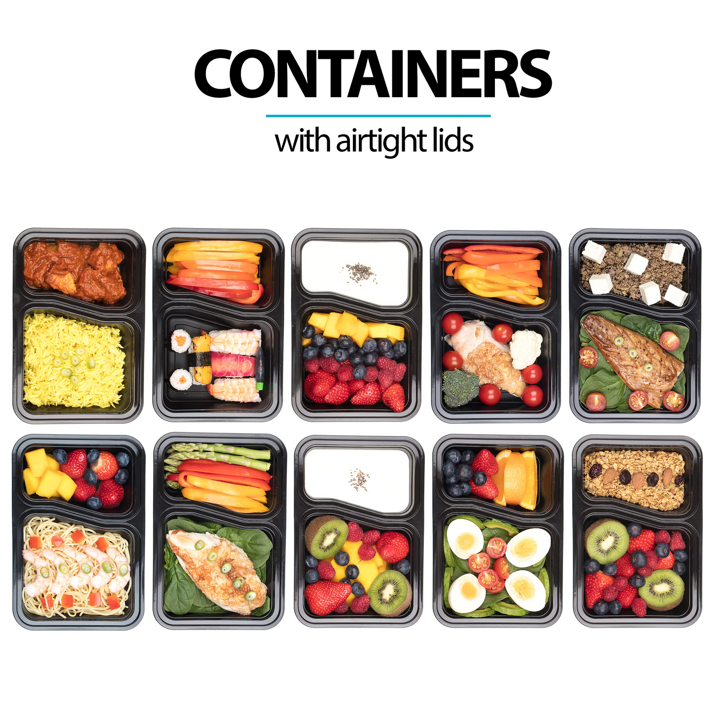 2 Compartment Meal Prep Food Containers with Airtight Lids